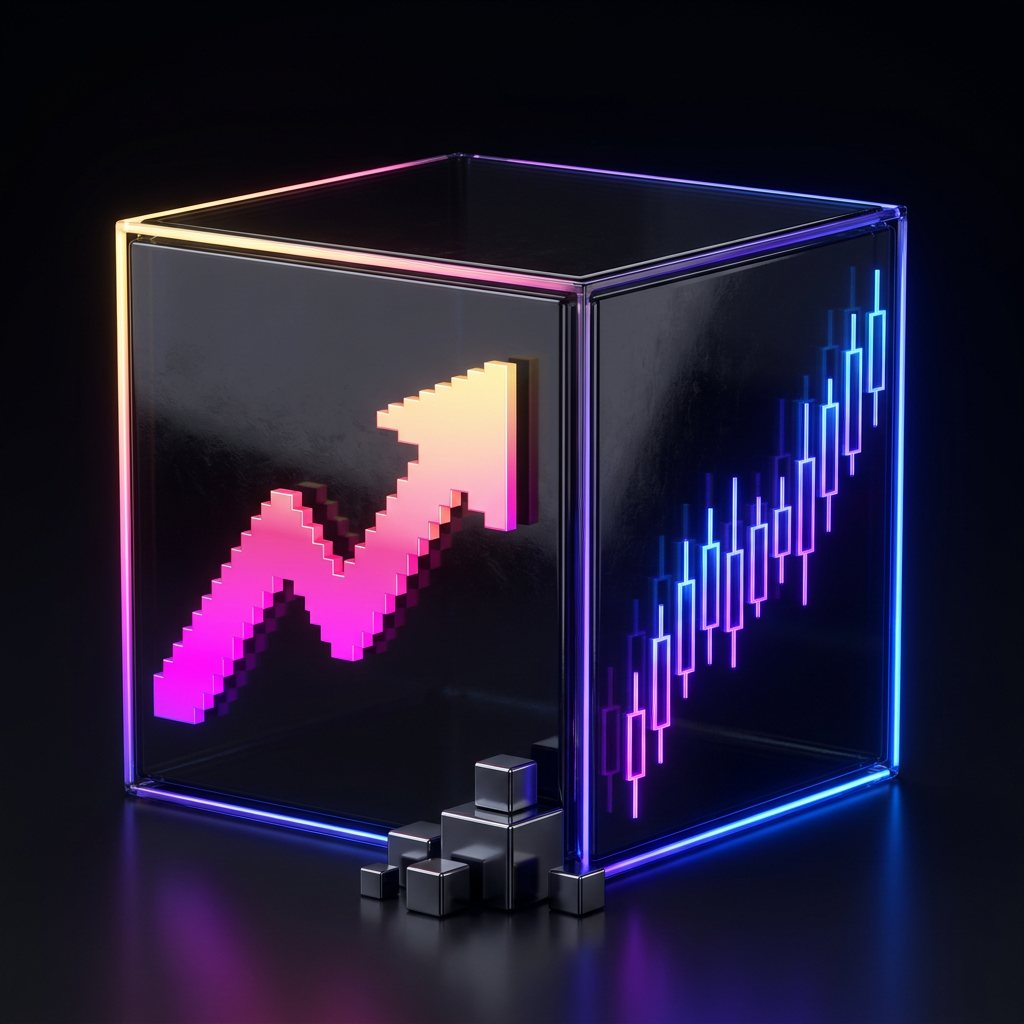Smoked-glass trading terminal with a golden-pink pixel arrow and electric violet and blue candlesticks